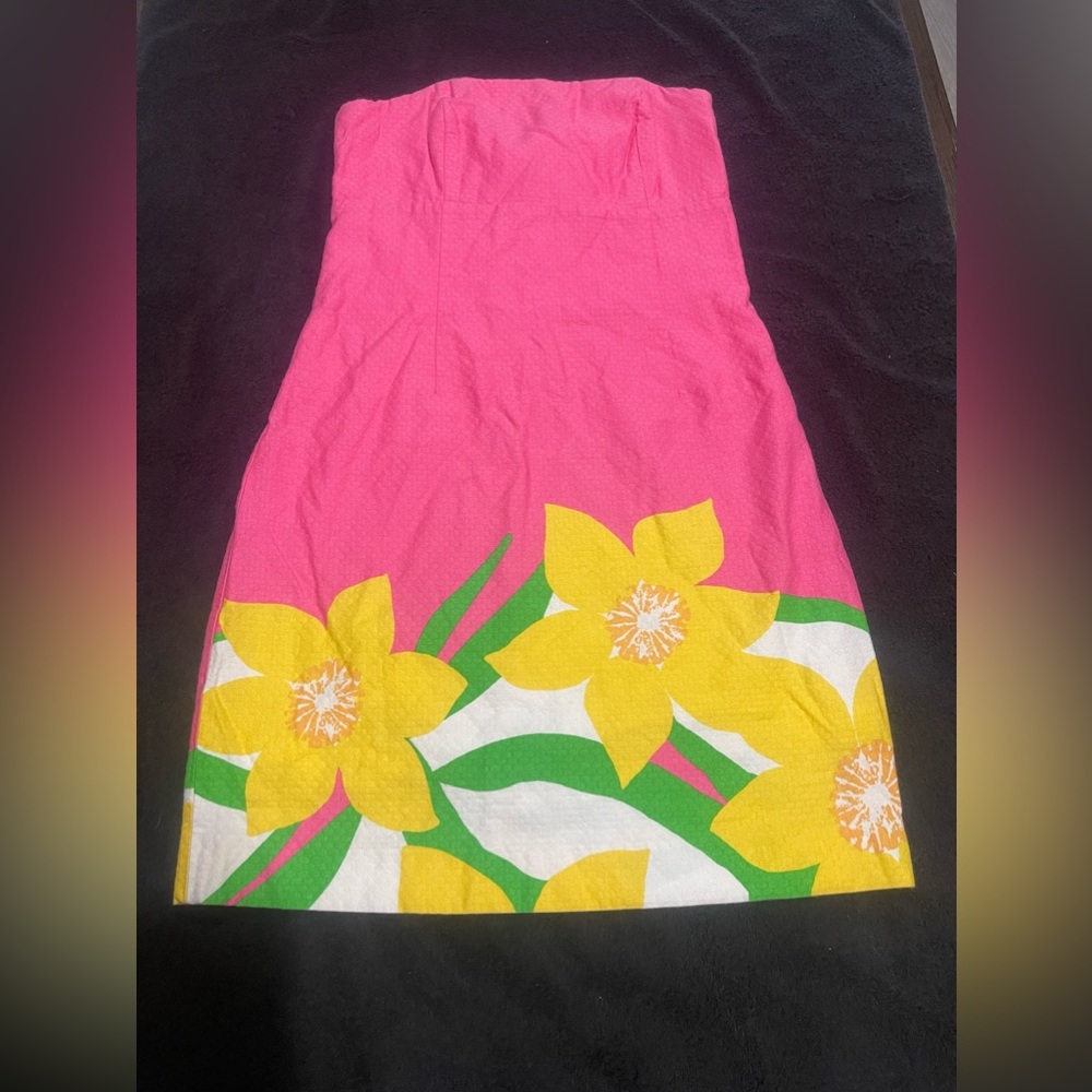 🩷🟡🌴Lilly Pulitzer SUMMER Zippered Franco Strapless Floral Dress Tie Back Sz 4